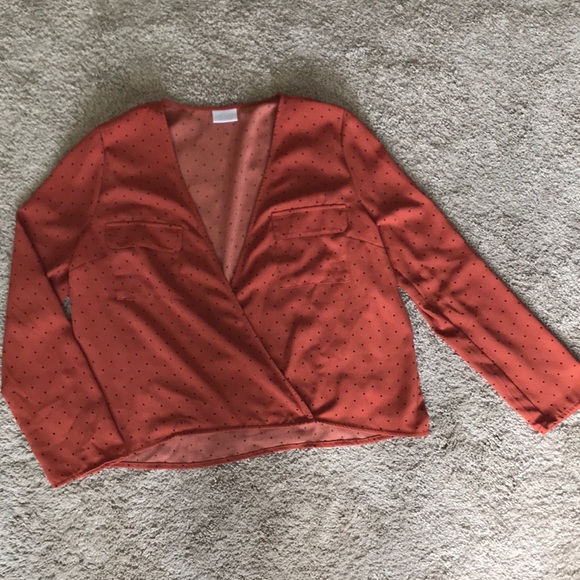 Abound Tops - Orange and black polka dot wrap longsleeve blouse